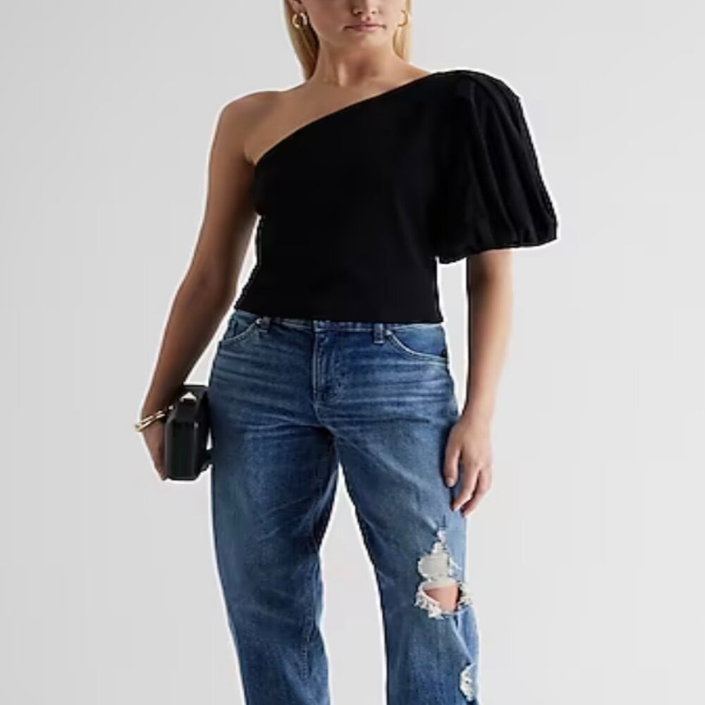 Express Skimming One Shoulder Puff Sleeve Tee NWT size S